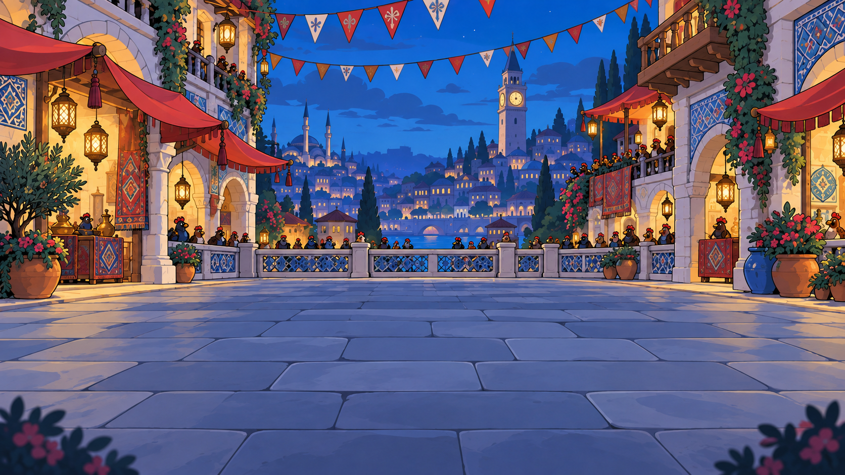 A lantern-lit night arena decorated with colorful festival bunting.
