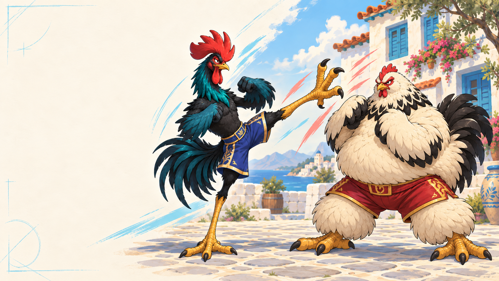 Agile Denizli in blue shorts faces bulky Brahma in red shorts in a colorful Aegean square.